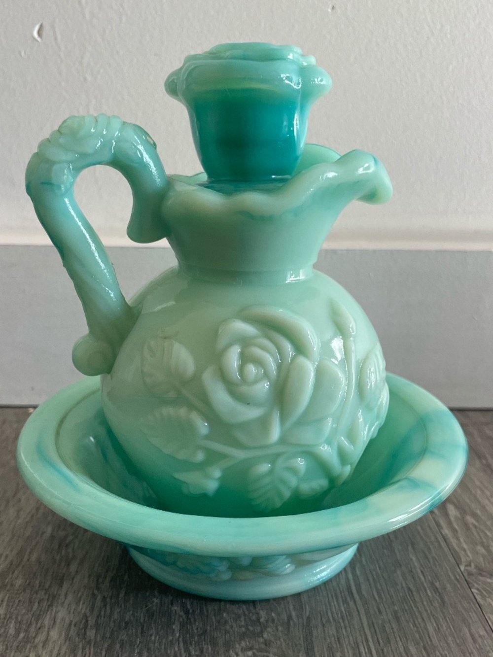 Vintage Avon 1978 Teal Slag Glass Pitcher Bowl Vanity Decanter Set w/RoseStopper